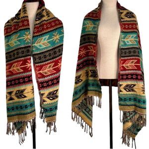 Southwestern Vintage Yarn Woven Sweater Shawl Scarf Colorful Bohemian Fringe